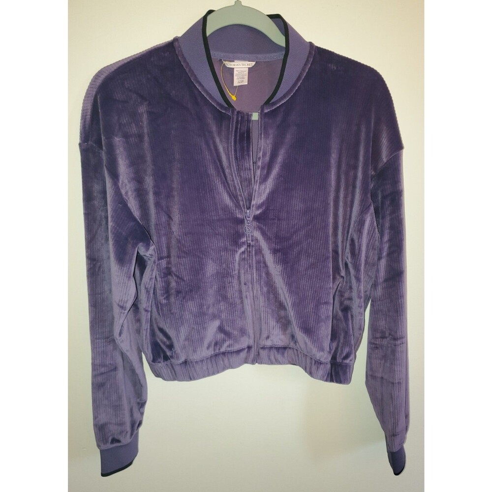 Victoria's Secret Velour Ribbed Bomber Jacket Purple Full Zip Cropped Small